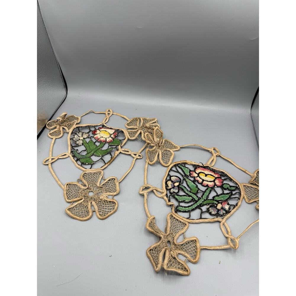 Pair Vintage Handmade Lace Floral Doilies Needlelace Embroidery Mats